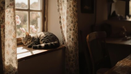 Cat Napping in Sunlight on Window Sill with Floral Curtains.