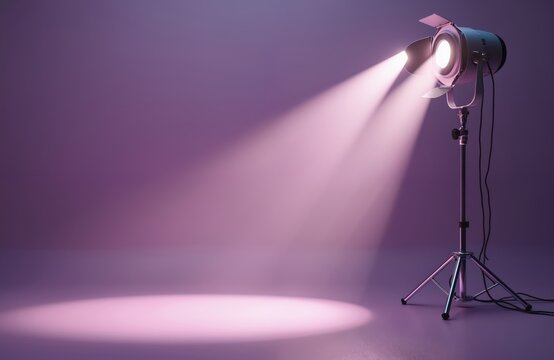 Studio spotlight projects beam of light on purple cyclorama wall and floor. Equipment stands on tripod with cables. Light source illuminates dark scene.