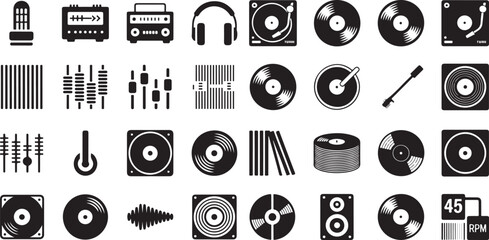 Vinyl record and DJ equipment icon set. Containing turntables, vinyl records, headphones, mixer, speakers, faders, amplifier tubes, and more.