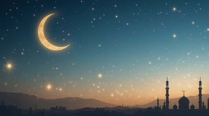 Serene Islamic Night Sky With Crescent Moon And Mosque Silhouettes Under Starry Horizon stars