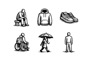 Hand drawn people and objects sketches featuring everyday activities and fashion