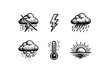 Hand drawn weather icons: storm, rain, snow, sun, lightning, thermometer
