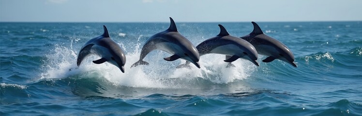 Naklejka premium Four Atlantic spotted dolphins leap joyfully from ocean waves. These marine mammals swim and play in the blue sea water near coast. Aquatic animals splash during water games.
