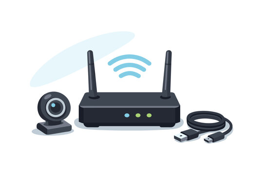 Modern wireless router setup with webcam and usb cable on white background