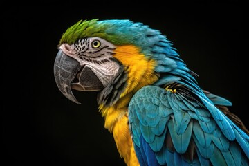 Fototapeta premium Colorful Parrot With Intricate Feathers Perched Against a Dark Background