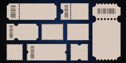 Blank ticket and coupon vector collection Vector Isolated blank paper forms for events, movies, theater, flights, or vouchers. Minimalist mockups with perforated edges