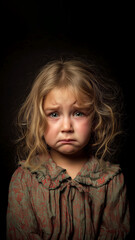Sad little girl with long wavy blond hair and blue eyes, wearing patterned shirt with ruffled collar, isolated on dark background, emotional portrait, vertical 9:16, copy space.