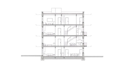 Architectural cross-section illustrating internal floor plans and layouts of a multi-story residential building