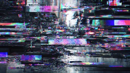 Abstract composition featuring digital distortion, glitch art effects, and fragmented, layered visuals