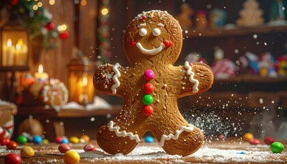 Smiling Gingerbread Man Christmas Cookie with Candy Decoration