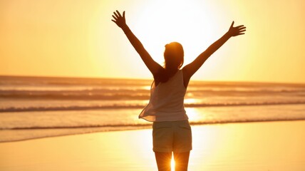 Embracing Freedom at Sunset: A silhouette of a woman with open arms, standing at the beach, basking in the warm glow of the setting sun, exuding feelings of freedom and joy.