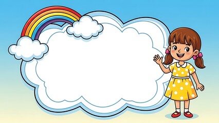 Happy little girl character with empty speech bubble cloud and rainbow on blue background.