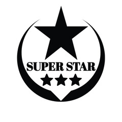 Obraz premium A 'SUPER STAR' text emblem with three small stars positioned below a large central five-pointed star, all enclosed within a crescent circle.