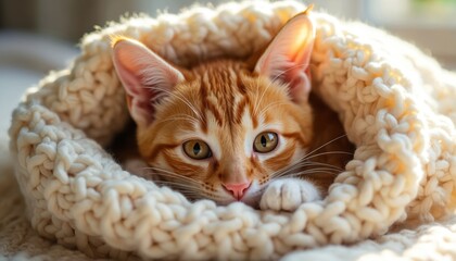 Ginger cat wearing knitted sweater peeks from cozy blanket. Small pet resting indoors, feeling safe and warm. Domestic animal enjoys comfort and peaceful time.