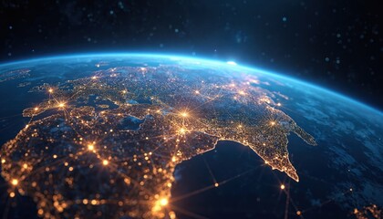 Earth at night shows glowing city lights connected by digital networks. Global connections span continents, worldwide communication, data flow, technology integration across urban areas, remote