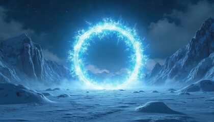 Glowing blue energy portal hovers over snowy ground between icy mountains under starry night sky. Mystical gateway opens to another dimension or universe, creating a fantasy landscape.
