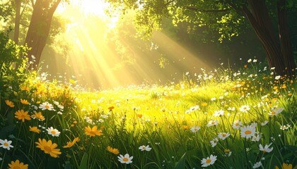 Fototapeta premium Sunlit Meadow with Yellow and White Flowers