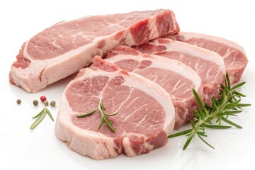 Fresh Pork Chops Ready for Cooking With Herbs and Spices on White Background