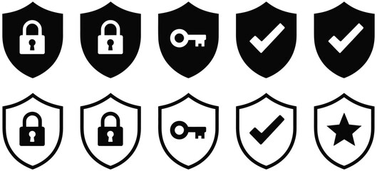 Security shield icons set with lock, key, check mark, and star symbols, representing protection, privacy, and safety, vector illustration for apps
