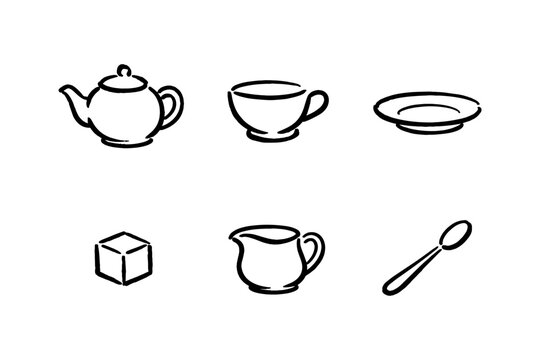 Hand drawn tea set icons: teapot, cup, plate, sugar, creamer, spoon