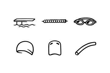 Swimming equipment icons: diving board, rope, goggles, cap, kickboard, noodle