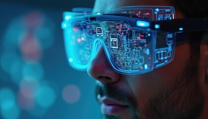 Man wears augmented reality glasses displaying digital circuits. Futuristic tech enhances virtual workplace interaction and data visualization. Advanced interface enables smart collaboration.