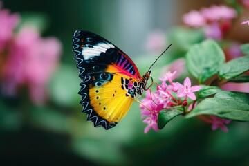 Obraz premium A vibrant butterfly with colorful wings rests on delicate pink flowers against a soft, green backdrop