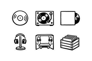 Vintage music icons: vinyl records, turntable, headphones, listening booth, record crate