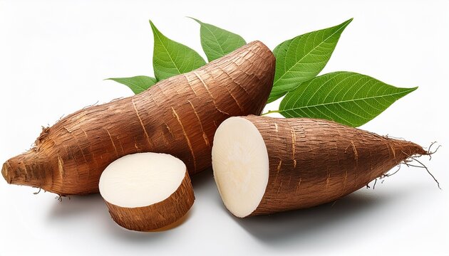 Fresh Cassava Root Whole Sliced With Green Leaves On White