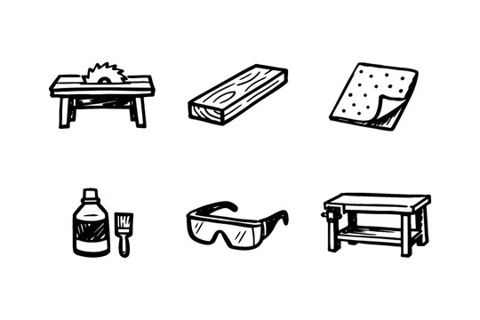 Hand-drawn workshop tools: saw, wood, sandpaper, glue, goggles, workbench icon set