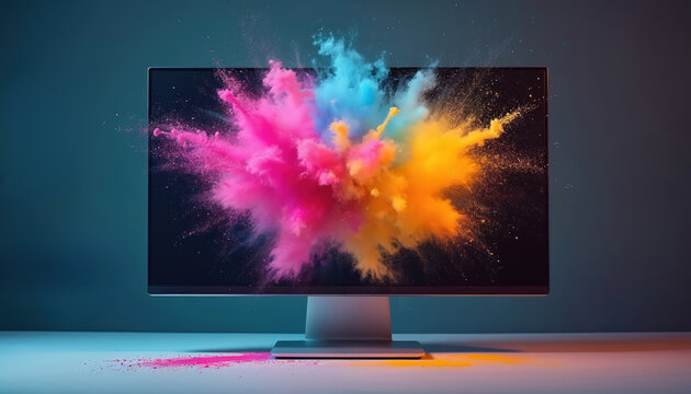 Computer monitor screen shows vibrant color powder explosion. Bright pink blue yellow dust clouds burst outward from device display. Digital art concept. - Powered by Adobe