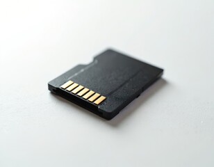 Black SD memory card sits on a clean white surface. Its gold contacts gleam under soft light. Compact digital storage device for cameras and gadgets.