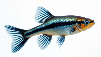 One small freshwater fish with blue and black stripes swims against a white background. This aquarium dweller displays vibrant colors and fins. Its body is slender and scales are visible.
