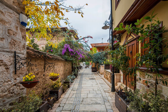Street view of Antalya Kaleici in Turkey. Old town of Antalya is a popular tourist destination.