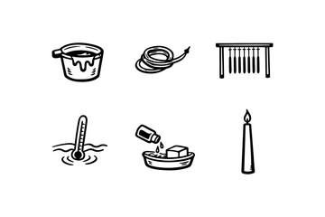 Hand drawn icons of temperature and liquid tools in black and white