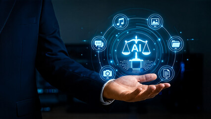 Fototapeta premium Person in suit holding digital scales of justice with A I artificial intelligence