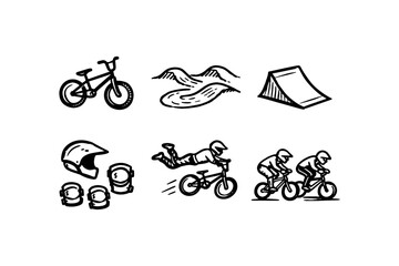 Bmx adventure: line art icons of extreme cycling and gear
