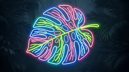 Neon tropical leaf glowing in darkness