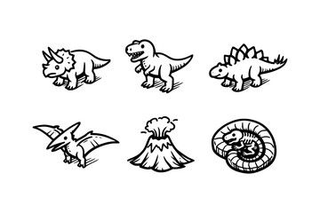 Fototapeta premium Cute dinosaur cartoons and volcano in black and white sketch style