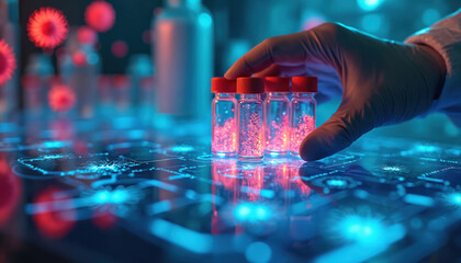 Scientist in lab coat holds vials with glowing substance. Futuristic interface displays genetic code. Researching DNA, viruses, cure, developing new medicine.