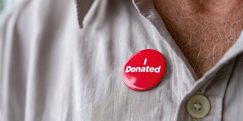 small acts of kindness, a detailed shot of a hand with a glossy finish and a red i donated sticker contrasts against a blurred shirt