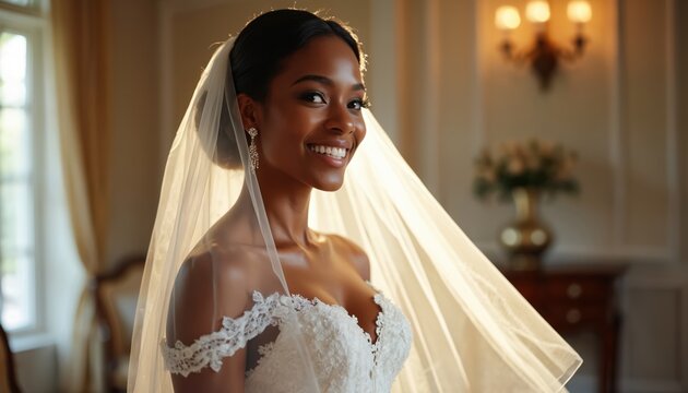 Young African American bride wears beautiful white dress and veil indoors. Her joyful smile and elegant jewelry highlight her special day, anticipating marriage and future happiness.