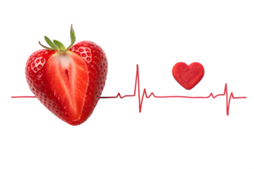 Heart-shaped strawberry and heartbeat line symbolize healthy living and nutrition isolated on transparent background