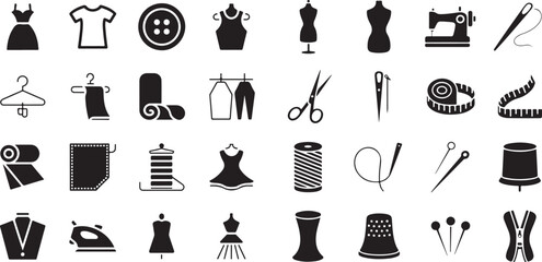 Sewing and fashion tailoring icon set. Containing sewing machine, mannequin, needle, thread, scissors, measuring tape, thimble, iron, zipper, and more.