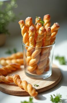 Twisted breadsticks seasoned with salt and herbs in glass jar. Crispy baked snacks on wooden board. Appetizer ready to eat. Italian cuisine.