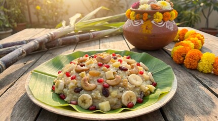 Traditional South Indian Sweet Dish (Sakara pongal) on Banana Leaf, Happy pongal celeberation 