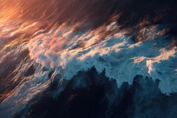 Aerial view capturing ocean waves during sunset, showcasing foamy crests and sunlight