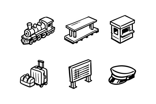 Hand-drawn train station icons: vintage train, ticket booth, platform, luggage, schedule board, conductor hat
