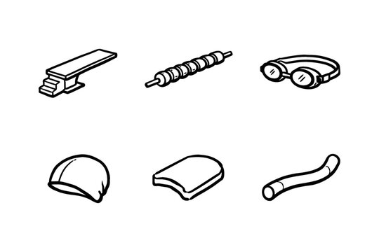 Hand drawn swimming icons set: diving board, goggles, cap, flippers, pool noodle, barbell