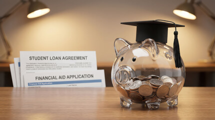 Transparent piggy bank wearing graduation cap desk saves coins for financial aid college dreams and student loan planning with application